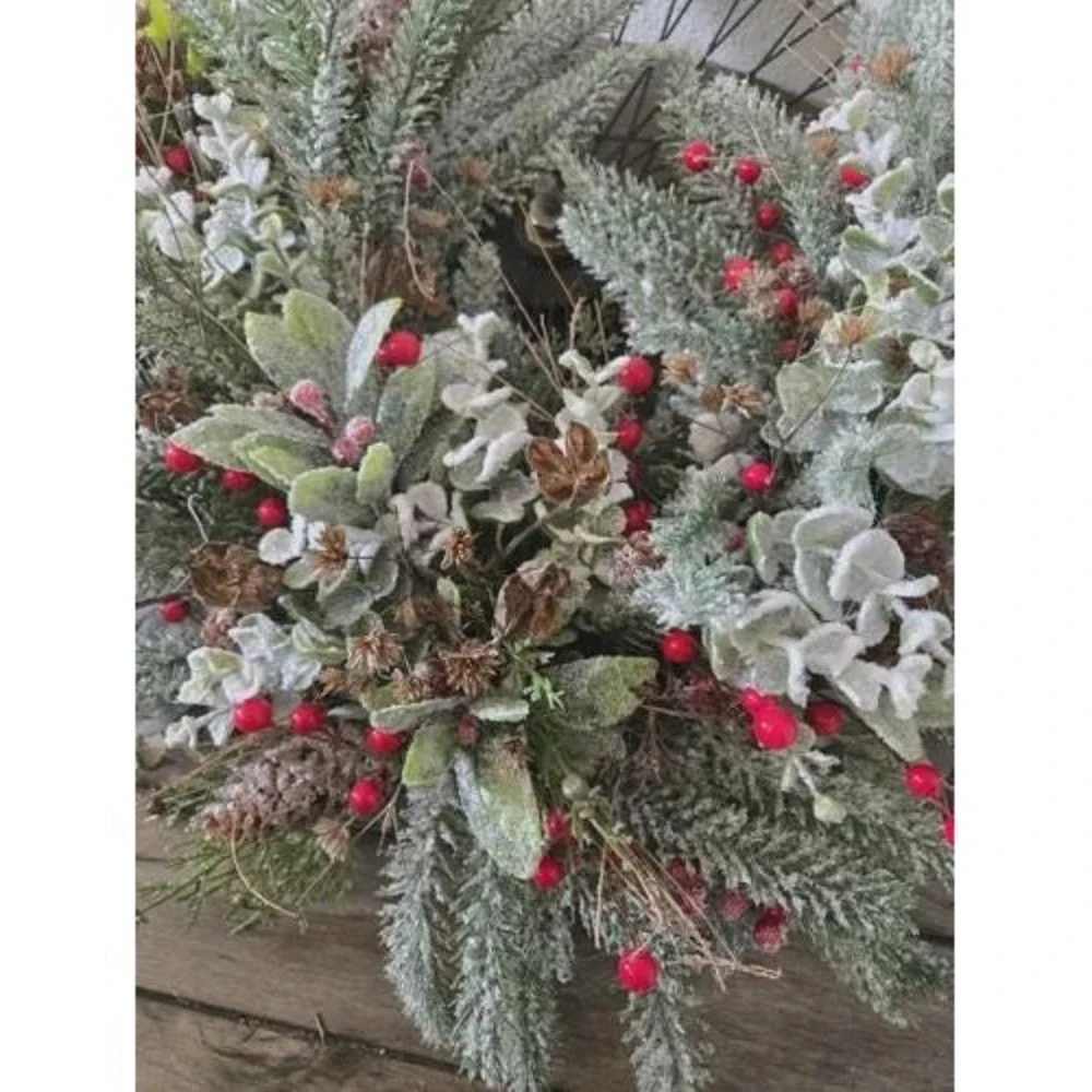 Vintage Bicycle Wheel Christmas Wreath Door Hanger Frosted Glitter Greenery
